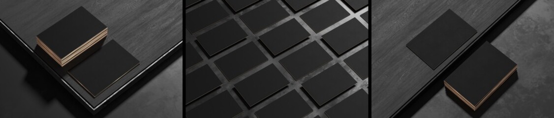 Black business card mock ups isolated on dark background. Three different business card mock ups on dark background. 3D illustration.