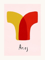 Aries zodiac illustration. Scandinavian design poster. Abstract astrological horoscope set. Horoscope modern style. Red, yellow colors. Bauhaus style