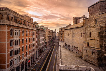 Aerial view of via XX settembre at sunset in Genoa, Italy.