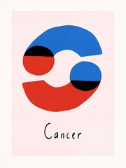Abstract scandinavian illustration zodiac symbol Cancer. Minimalistic poster horoscope.  Nursery zodiac poster. Red, blue illustration astrology art. Flat trendy style. 