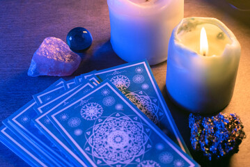 Tarot cards on stone table background. Future reading.