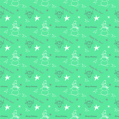 New Year and Christmas seamless pattern with funny images of a bull, a snowman and gifts on a blue background. The symbol of the new year of the Chinese calendar.