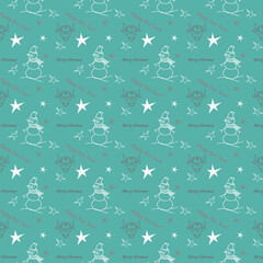 New Year and Christmas seamless pattern with funny images of a bull, a snowman and gifts on a blue background. The symbol of the new year of the Chinese calendar.