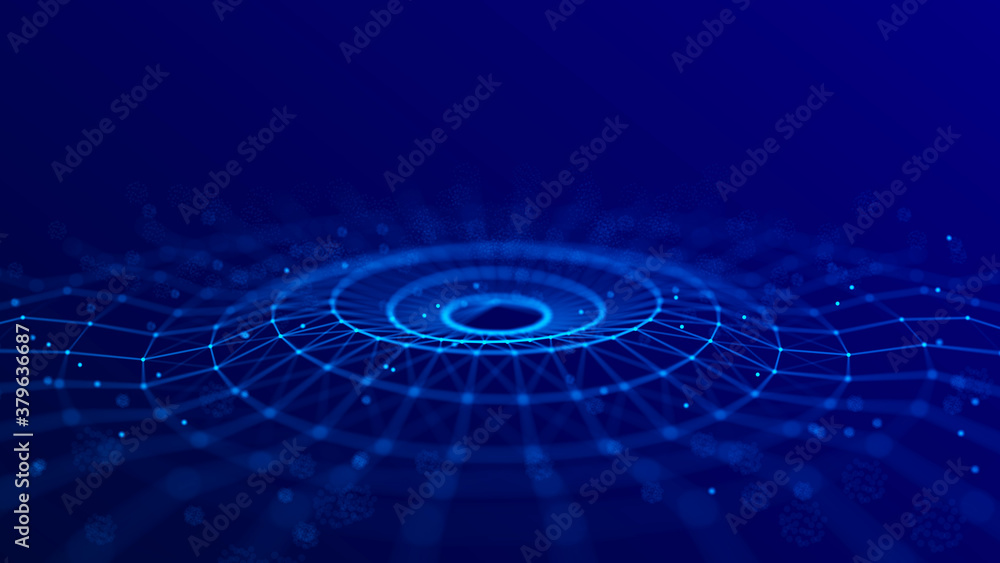 Poster wave of particles. abstract background with a dynamic wave. futuristic wave of blue dots. futuristic