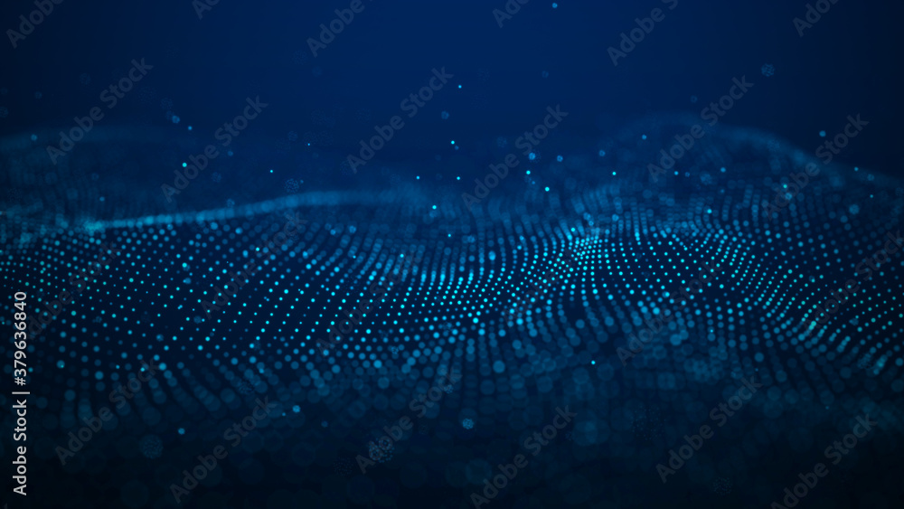 Poster wave 3d. wave of particles. abstract blue geometric background. big data visualization. data technol