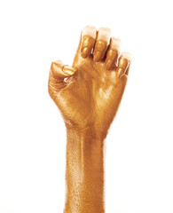 Hands in gold paint. Golden fingers. Female hand isolated on white background. White woman's hand showing symbols and gestures.
