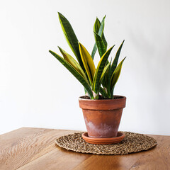Green plant Sansevieria trifasciata on wooden table. indoor plants, Scandinavian style in the interior. Copy space