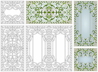 Stained glass set. Abstract geometric floral pattern in a rectangular and square frame / Colorful stained glass window in classic style for ceiling or door panels, Tiffany technique. Vector set