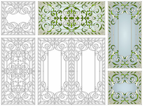 Stained glass set. Abstract geometric floral pattern in a rectangular and square frame / Colorful stained glass window in classic style for ceiling or door panels, Tiffany technique. Vector set
