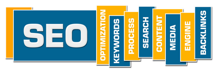 SEO - Search Engine Optimization Blue Yellow Various Boxes Word Cloud
