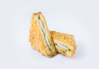 Cut Chicken sandwich isolated on gray background. Two parts of meat snack. Fast food menu isolation. Tasty toasted bread with cheese. Tempura sandwich 