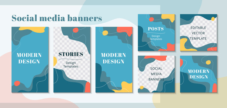 Set of web banner for social media mobile apps, stylish design in blue colors. Background for social media posts, story and photos. Editable templates with space for text. Flat vector Illustration