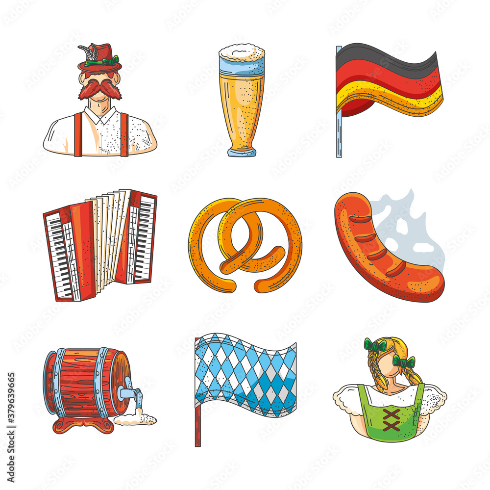 Poster set of icons of the oktoberfest celebration on white background