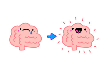 Brain expressive before psychotherapy and after happy cheerful hand drawn vector illustration in cartoon doodle style