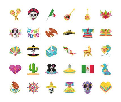mexican detailed style 30 icon set vector design