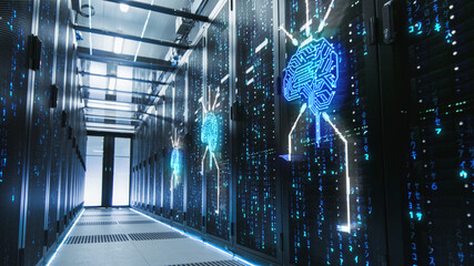 Shot of Corridor in Working Data Center Full of Rack Servers and Supercomputers. Concept of Futuristic Artificial Intelligence Development with Blue Neon Visualization of Electrical Brain.