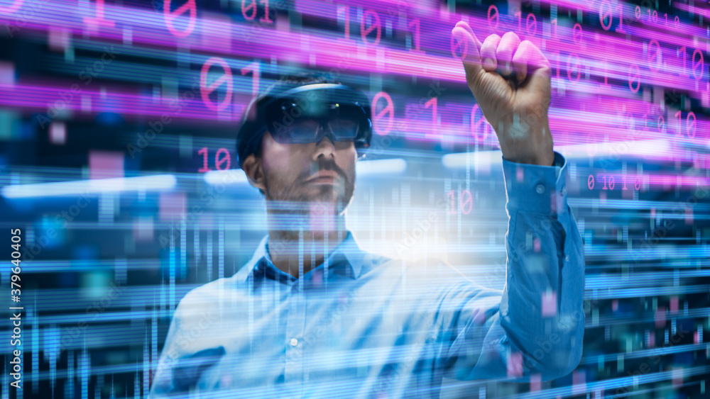 Aufkleber caucasian male it server specialist wearing futuristic vr helmet and working in data center with dig