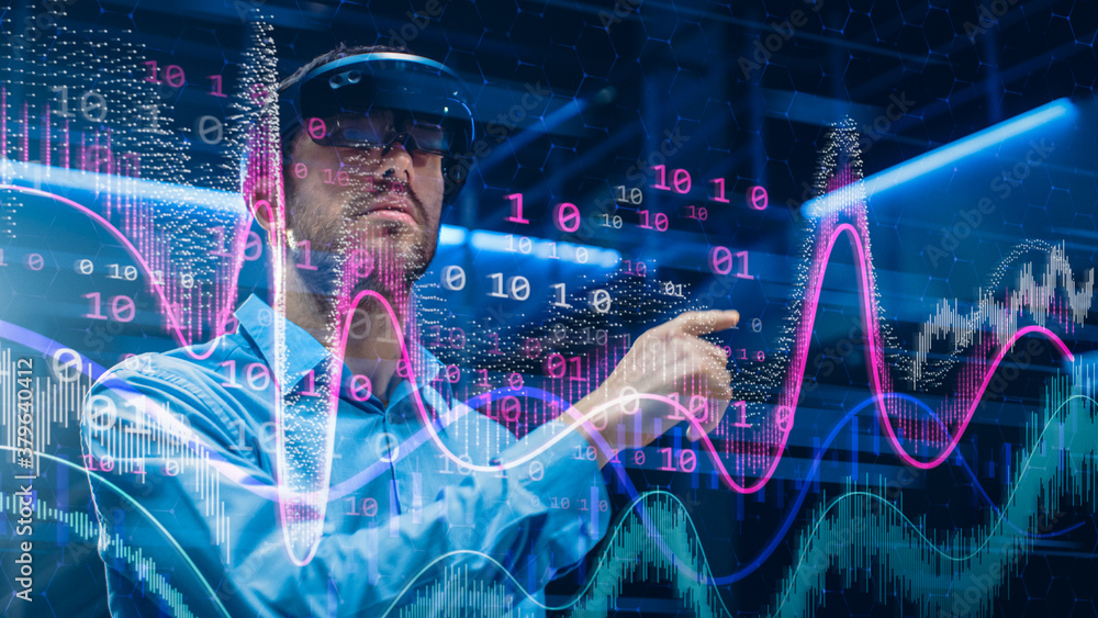 Poster caucasian male it specialist and businessman wearing futuristic vr helmet and working with digital d