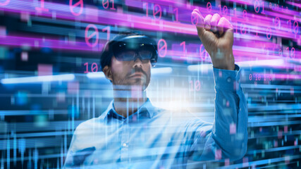 Caucasian Male IT Server Specialist Wearing Futuristic VR Helmet and Working in Data Center with Digital Info. Concept Shot of High-Speed Internet Visualization and Data Transferring in The Foreground