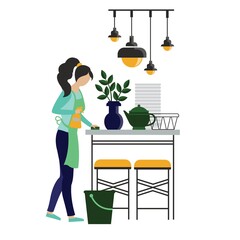 Cleaning company. The girl cleans up. Modern interior. Template for a banner.