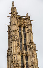 Cathedral tower with medieval ornaments erected high