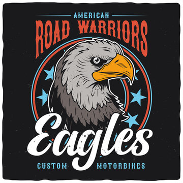 T-shirt or poster design with illustration of eagle head. Ready apparel design.