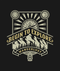 Tourism and travel, vintage emblem on a dark background. Vector illustration.