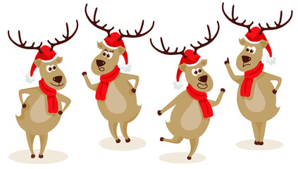 Set of deer with Christmas hat and scarf. Isolated