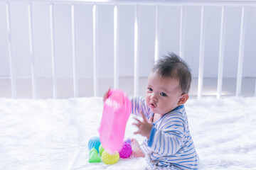 Girl play with education in the children's room. Kindergarten educational games.motion blur.