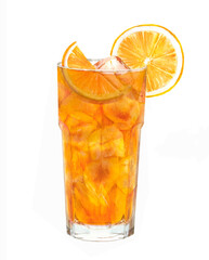 Cocktail watercolor illustration. Cold tea with sliced lemon and ice. Hand drawn glass of fresh summer drink