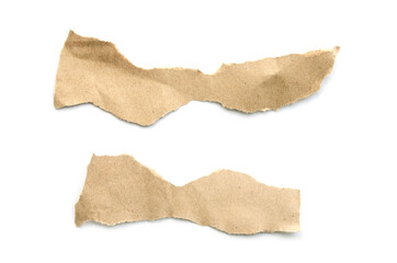 Recycled paper craft stick on a white background. Brown paper torn or ripped pieces of paper isolated on white background.
