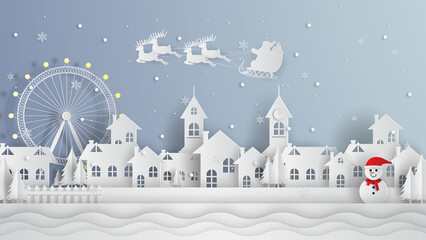Obraz na płótnie Canvas Merry Christmas and Happy New Year. Illustration of Santa Claus on the sky coming to City ,paper art and digital craft style