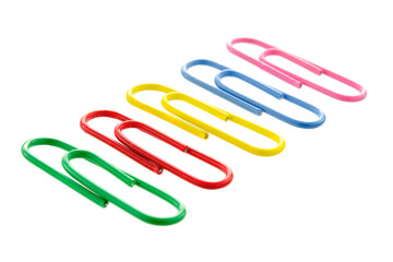 Collection of colorful paper clips isolated on white background. Colored paper clips on a white background. Five paper clips in a row isolated on a white background.
