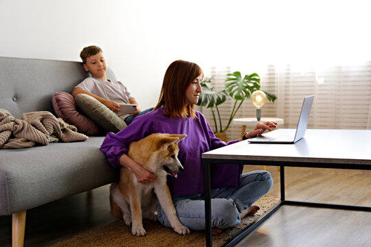 Image of a happy family, boy on the couch and his mother sitting on the floor with nine months old japanese akita inu doggy. Kid, his mom and funny big breed dog playing at home. Close up, copy space.
