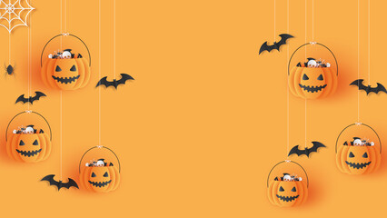 Happy Halloween banner or party invitation background with bats and pumpkins filled with Halloween decorations in paper cut style. Vector illustration. Place for text