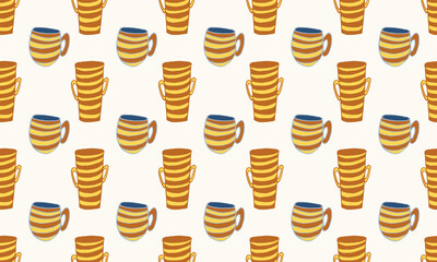 Seamless pattern with striped pottery. Hand drawn vector illustration. Beautiful interior element. Cozy home object