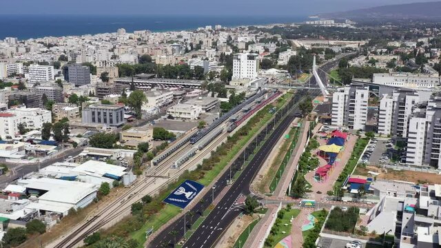 Corona Virus second lockdown, empty highway road with large national flag of Israel, south of the city of Nahariyya, Aerial view.