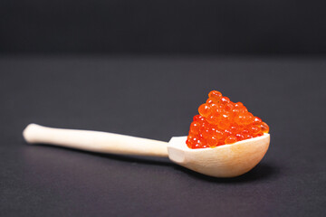 Portion of red salmon caviar lies in handmade wooden spoon, black background, front view, close up. Tasty luxury delicacy of national Russian cuisine.