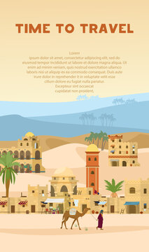 Time To Travel Vertical Vector Banner With illustration of Ancient Arabic Town In desert landscape with traditional mud brick houses,  palms, bedouin with camel. Flat Design.