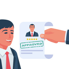 Approved stamp in the hands of a headhunter. Approved employment document. Happy businessman rejoices about hiring. Vector illustration flat design. Isolated on white background.