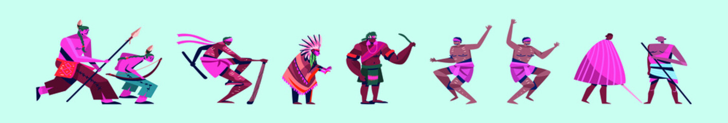 set of armed native people of african tribes cartoon character design template with various models. vector illustration isolated on blue background