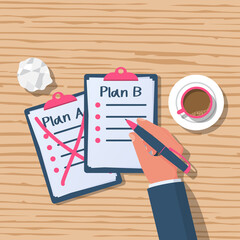Man at the wooden table writes the plan B. Plan A failed. Human passes to second plan. Vector illustration flat design. Isolated on background. Success solution. Alternative idea. Write on clipboard.
