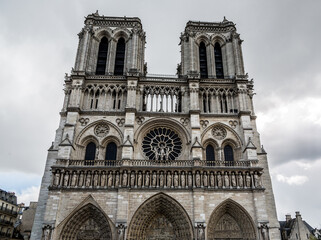 Notre Dame Cathedral facade with medieval ornaments erected high