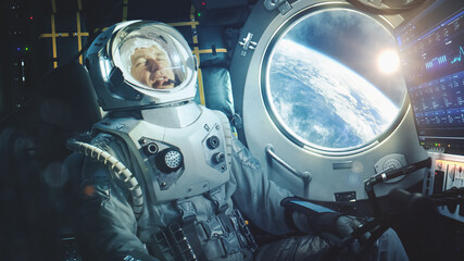 Astronaut Sitting Inside a Space Rocket During Takeoff. Successful Rocket Launch Sending Spaceship...