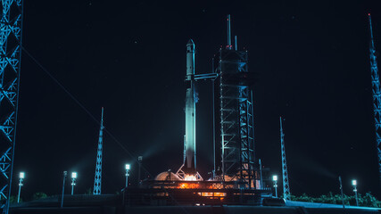 Launch Pad Complex: Successful Rocket Launching with Crew on a Space Exploration Mission. Flying...