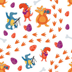 Funny seamless pattern with dinosaurs on white background. Texture with trendy characters for the design of children's textiles, Wallpaper, packaging paper. vector illustration