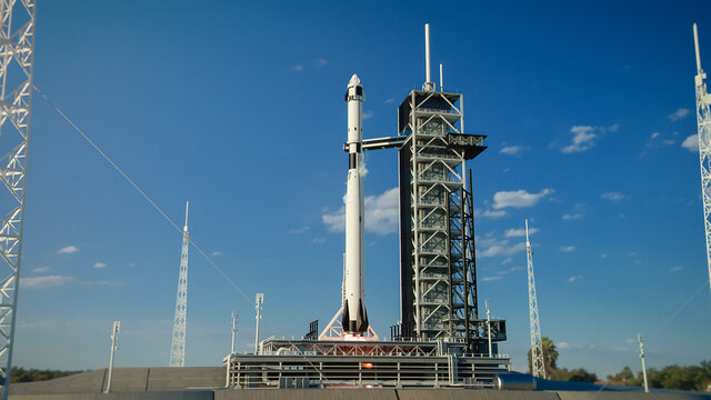 Shot of a Launch Pad Complex: Successful Rocket Launching with Crew on a Space Exploration Mission. Flying Spaceship Blasts Flames and Smoke on a Take-Off. Humanity in Space, Conquering Universe.
