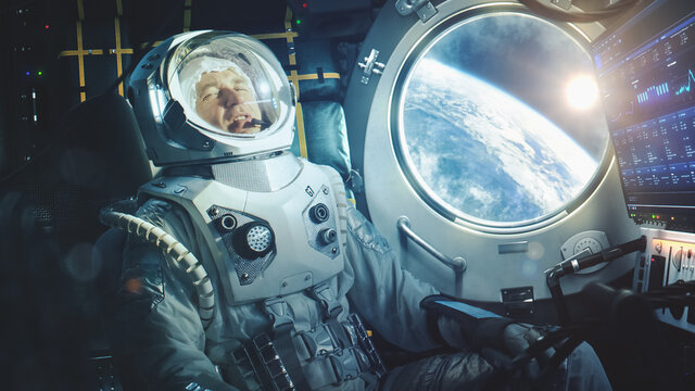 Astronaut Sitting Inside a Space Rocket During Takeoff. Successful Rocket Launch Sending Spaceship into Space. Cosmonaut Experiencing G-Force and Vibrations Inside Capsule.