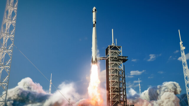 Shot of a Launch Pad Complex: Successful Rocket Launching with Crew on a Space Exploration Mission. Flying Spaceship Blasts Flames and Smoke on a Take-Off. Humanity in Space, Conquering Universe.