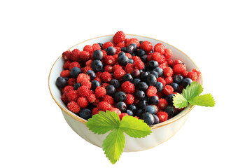 strawberries and blueberries in a white ceramic plate